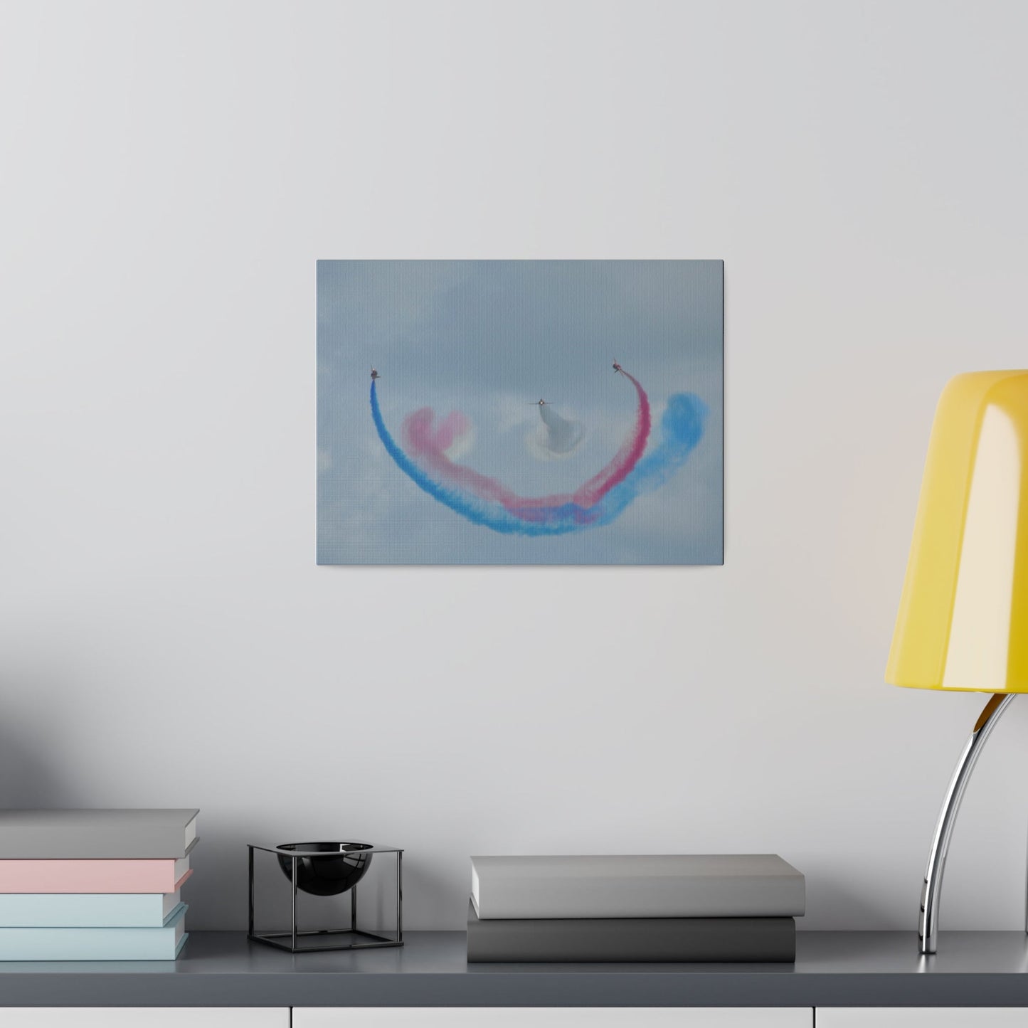 Three Red Arrows Flying Straight Forward One In The Middle With White Smoked, The Other Two Looping Around With Blue And Red Smoke, Matte Canvas, Stretched, 0.75" - The Trio Synergize Group