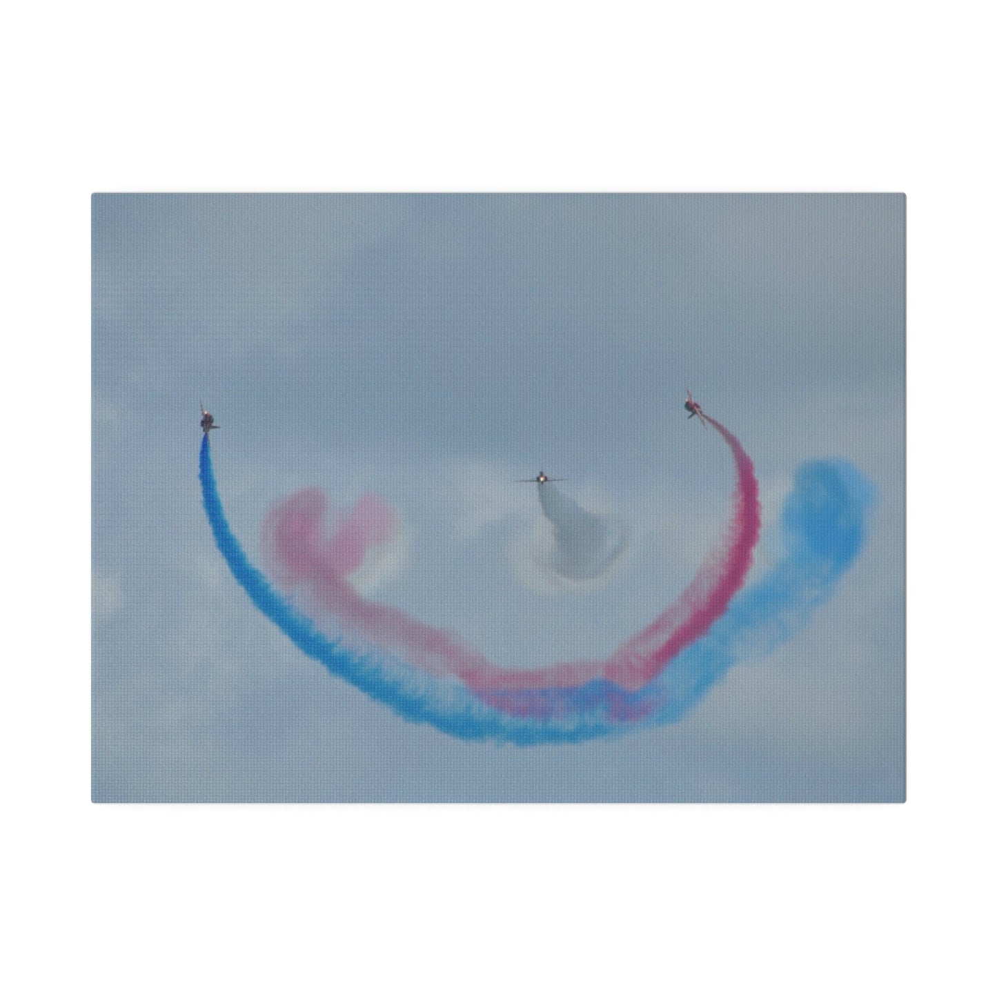 Three Red Arrows Flying Straight Forward One In The Middle With White Smoked, The Other Two Looping Around With Blue And Red Smoke, Matte Canvas, Stretched, 0.75" - The Trio Synergize Group