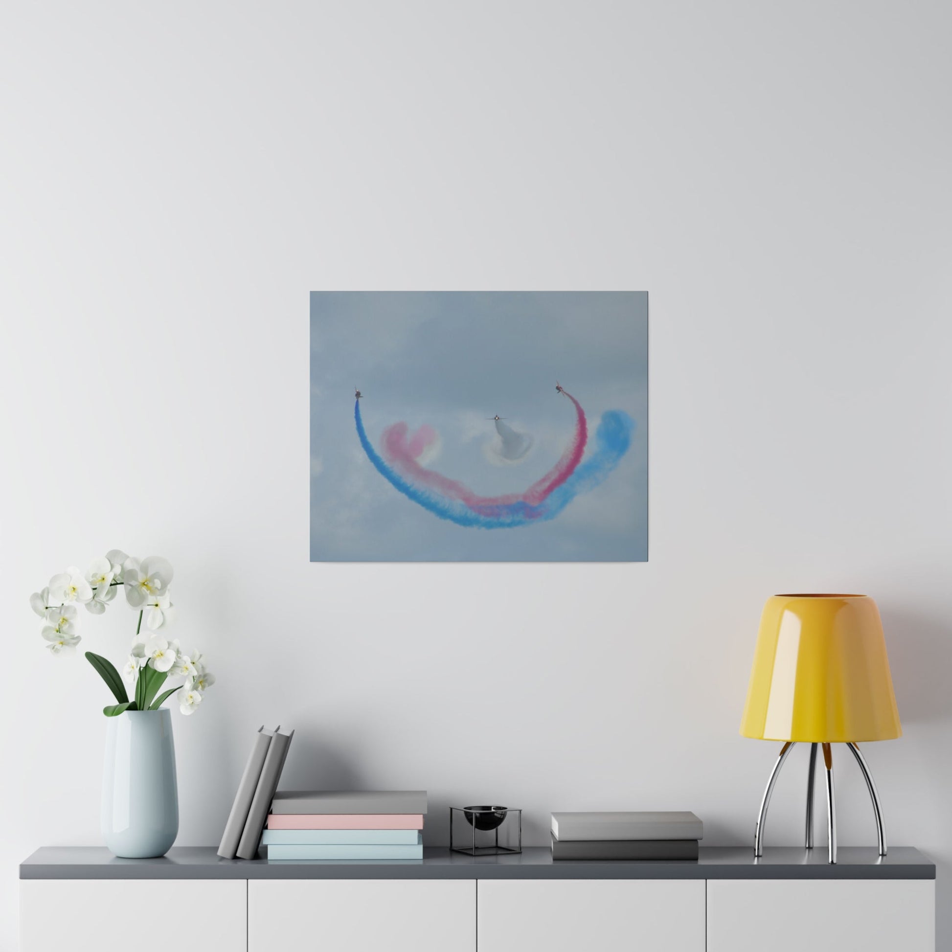 Three Red Arrows Flying Straight Forward One In The Middle With White Smoked, The Other Two Looping Around With Blue And Red Smoke, Matte Canvas, Stretched, 0.75" - The Trio Synergize Group