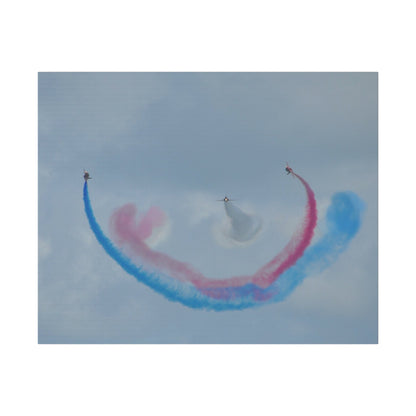 Three Red Arrows Flying Straight Forward One In The Middle With White Smoked, The Other Two Looping Around With Blue And Red Smoke, Matte Canvas, Stretched, 0.75" - The Trio Synergize Group
