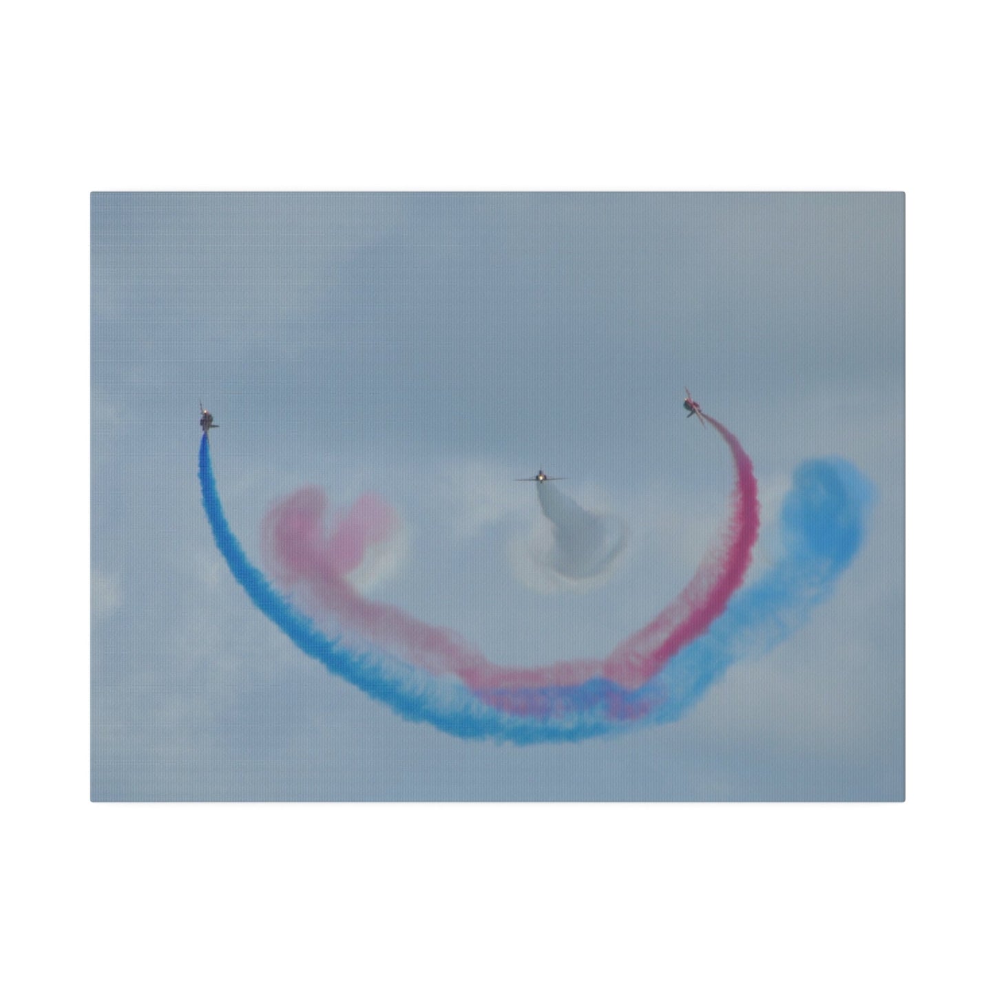 Three Red Arrows Flying Straight Forward One In The Middle With White Smoked, The Other Two Looping Around With Blue And Red Smoke, Matte Canvas, Stretched, 0.75" - The Trio Synergize Group