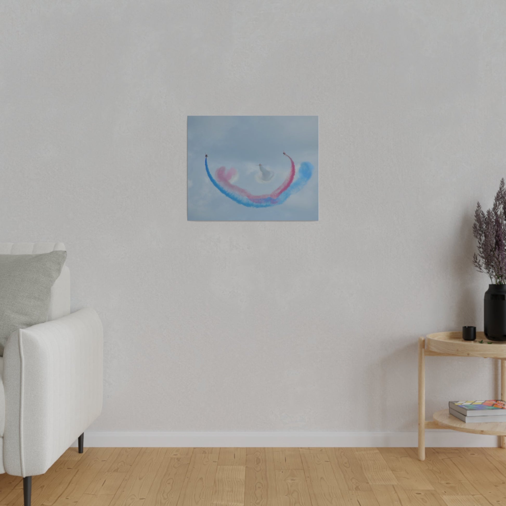 Three Red Arrows Flying Straight Forward One In The Middle With White Smoked, The Other Two Looping Around With Blue And Red Smoke, Matte Canvas, Stretched, 0.75" - The Trio Synergize Group