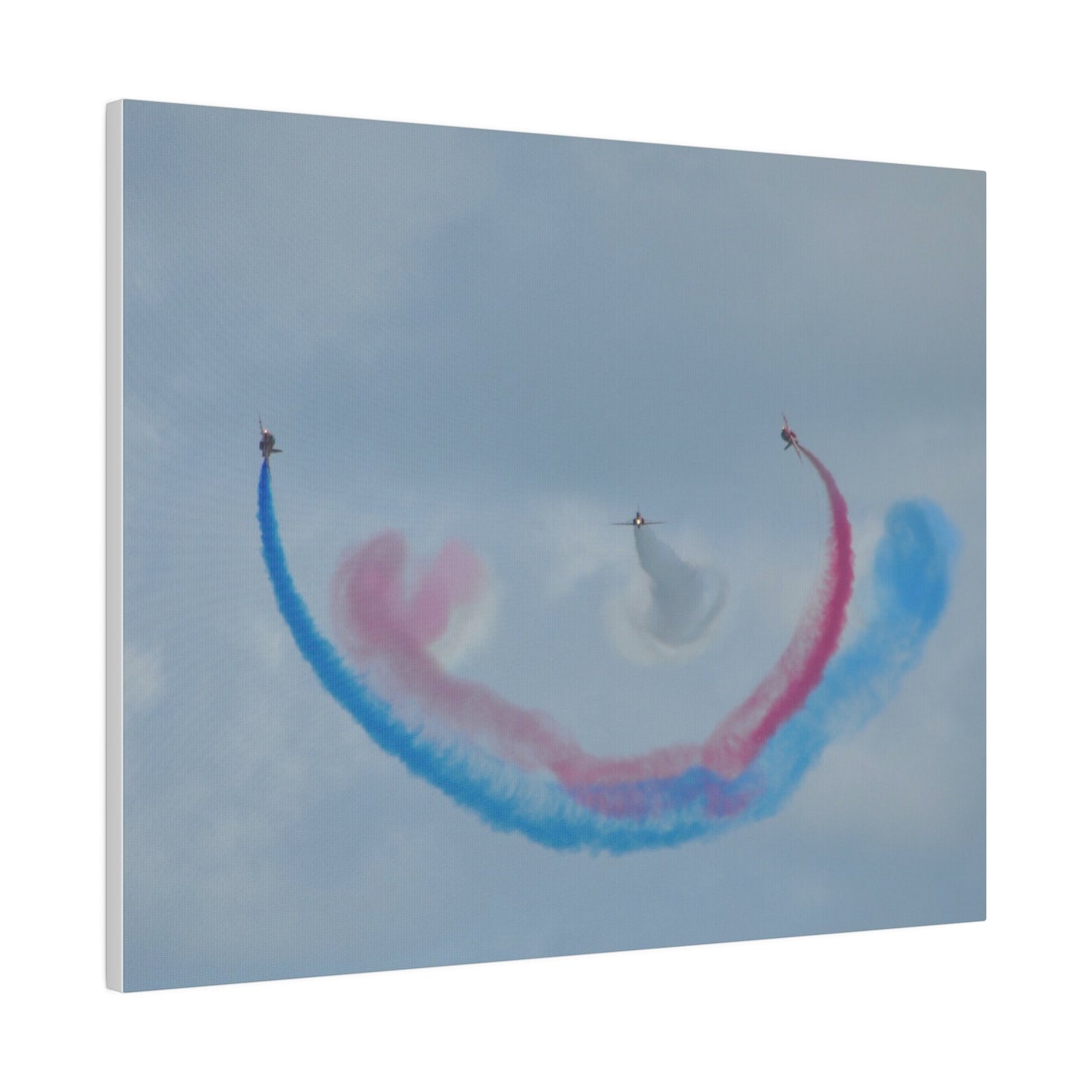 Three Red Arrows Flying Straight Forward One In The Middle With White Smoked, The Other Two Looping Around With Blue And Red Smoke, Matte Canvas, Stretched, 0.75" - The Trio Synergize Group