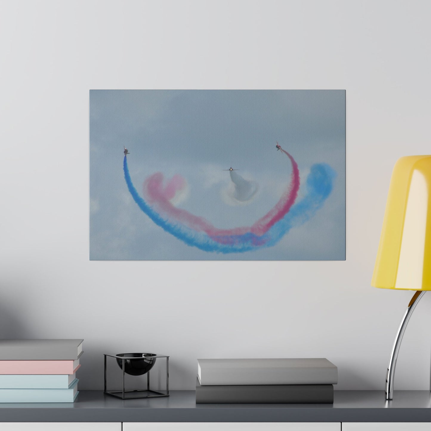 Three Red Arrows Flying Straight Forward One In The Middle With White Smoked, The Other Two Looping Around With Blue And Red Smoke, Matte Canvas, Stretched, 0.75" - The Trio Synergize Group