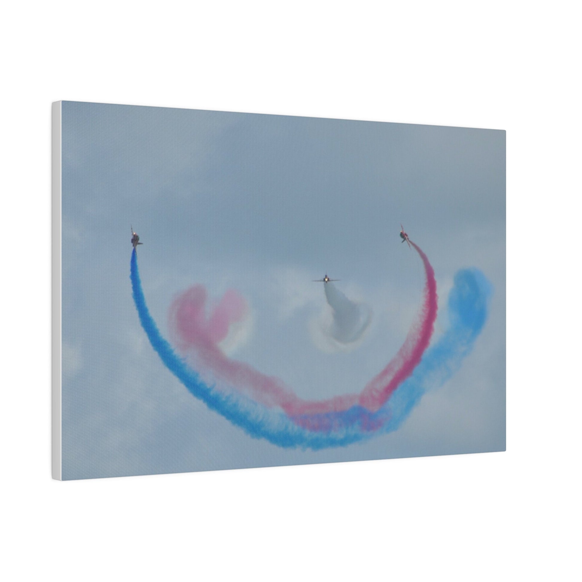 Three Red Arrows Flying Straight Forward One In The Middle With White Smoked, The Other Two Looping Around With Blue And Red Smoke, Matte Canvas, Stretched, 0.75" - The Trio Synergize Group