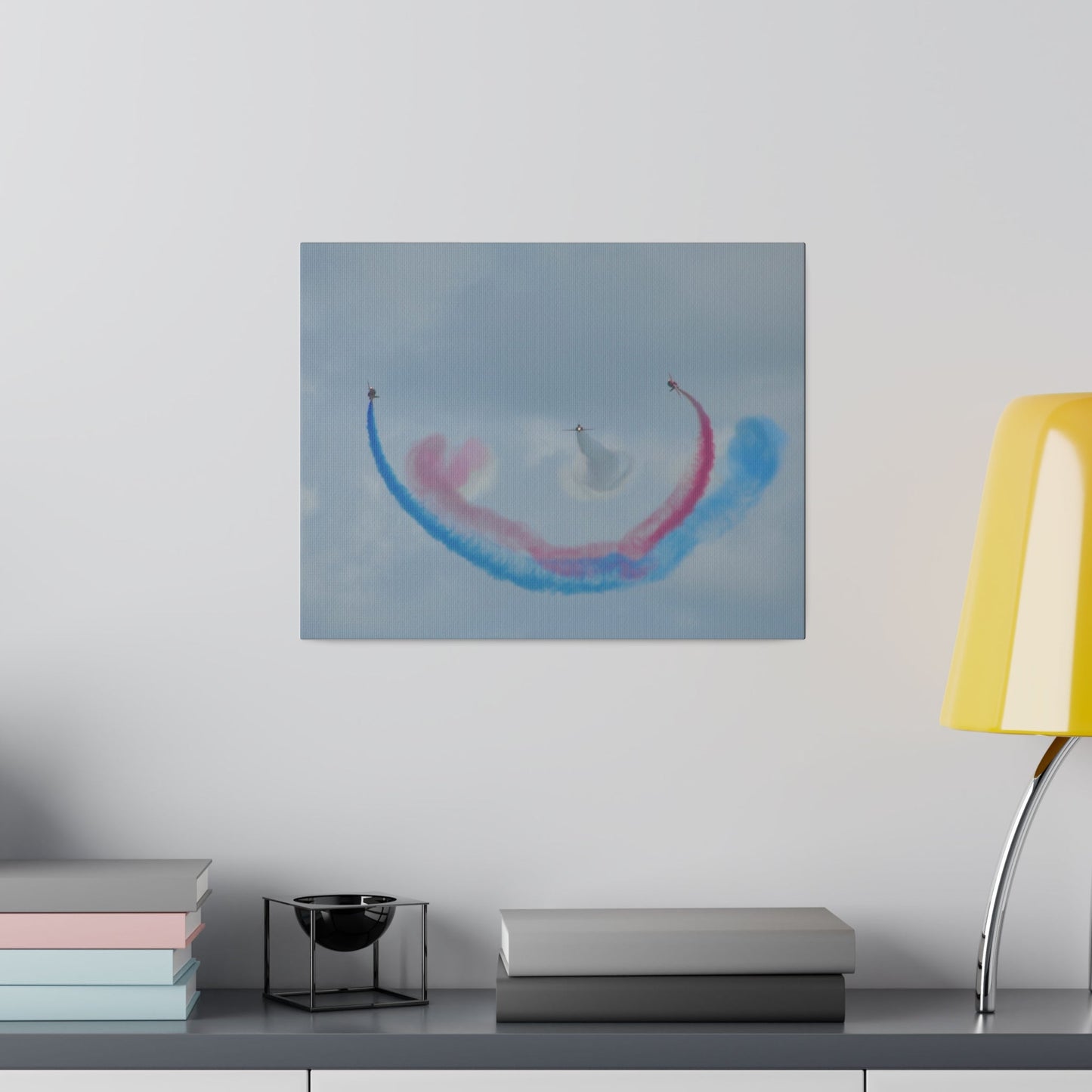 Three Red Arrows Flying Straight Forward One In The Middle With White Smoked, The Other Two Looping Around With Blue And Red Smoke, Matte Canvas, Stretched, 0.75" - The Trio Synergize Group