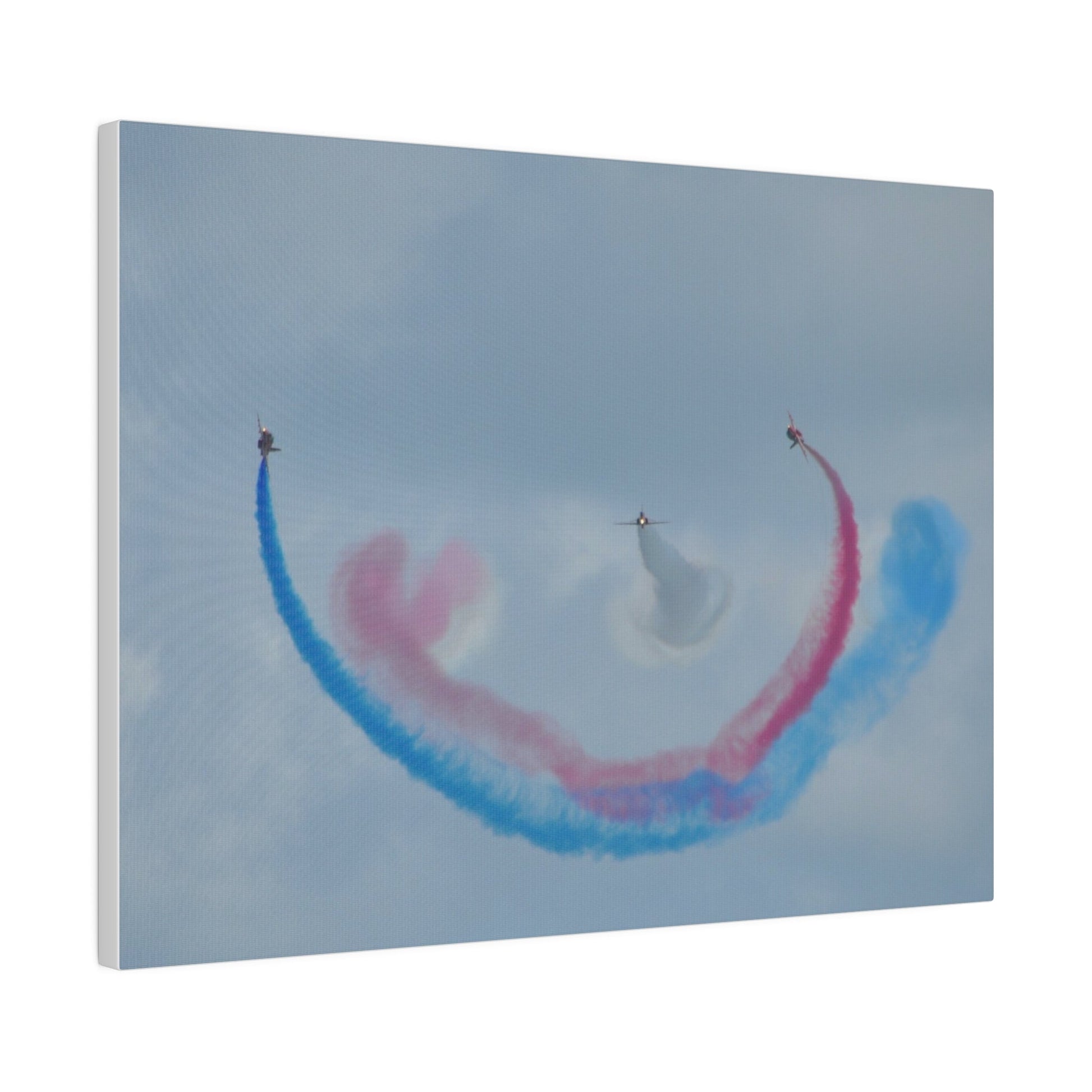 Three Red Arrows Flying Straight Forward One In The Middle With White Smoked, The Other Two Looping Around With Blue And Red Smoke, Matte Canvas, Stretched, 0.75" - The Trio Synergize Group