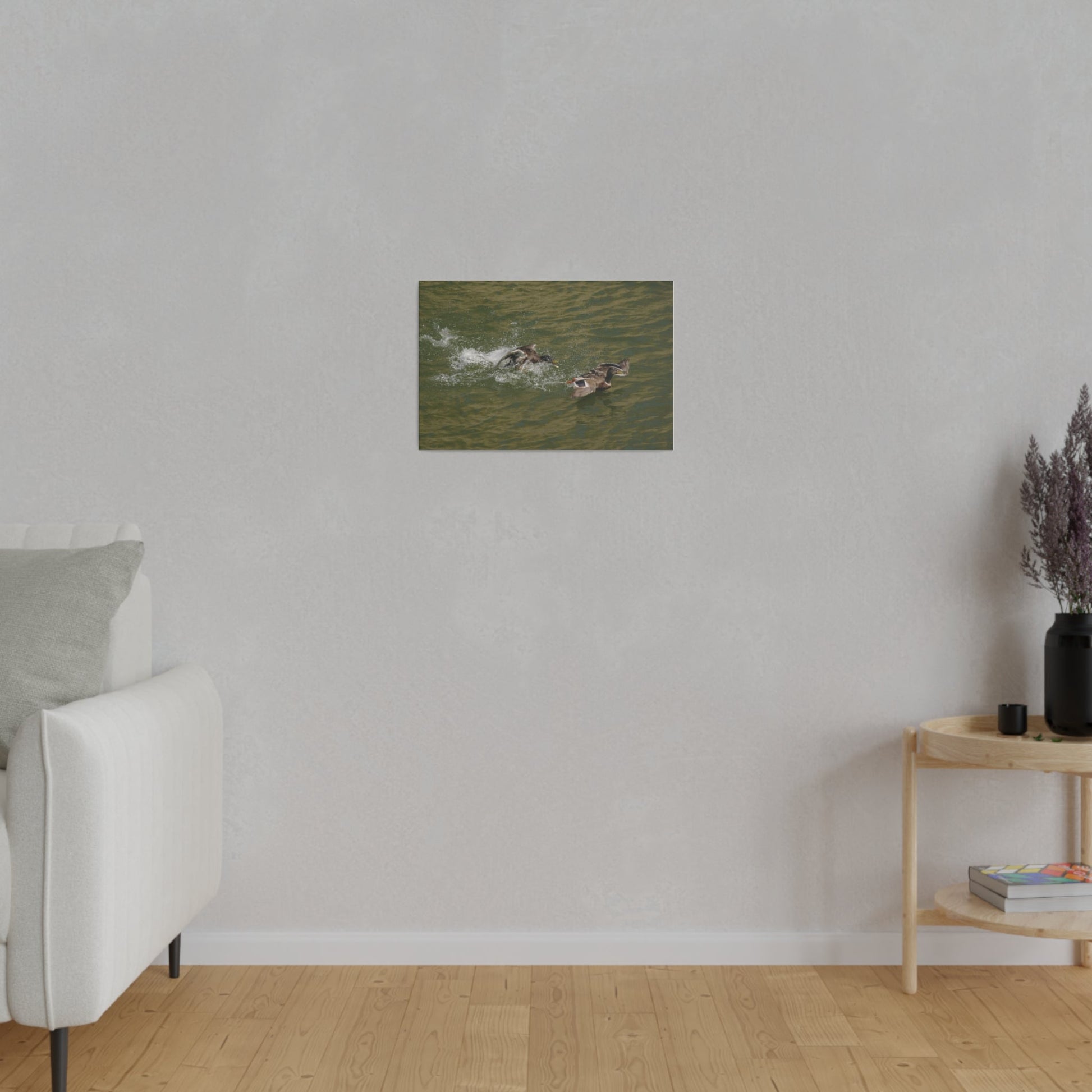 Two Male Ducks Fighting On Water, Matte Canvas, Stretched, 0.75" - The Trio Synergize Group