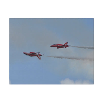 Two Red Arrows Flying From The Right With One Upside Down And With White Smoke, Matte Canvas, Stretched, 0.75" - The Trio Synergize Group