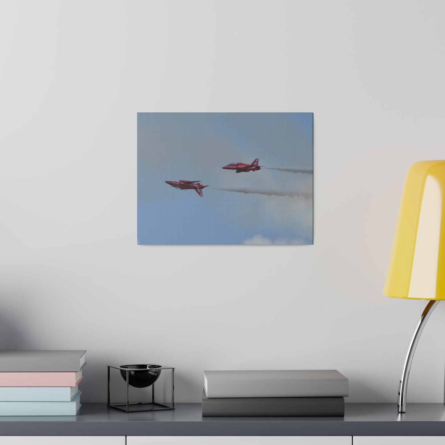 Two Red Arrows Flying From The Right With One Upside Down And With White Smoke, Matte Canvas, Stretched, 0.75" - The Trio Synergize Group