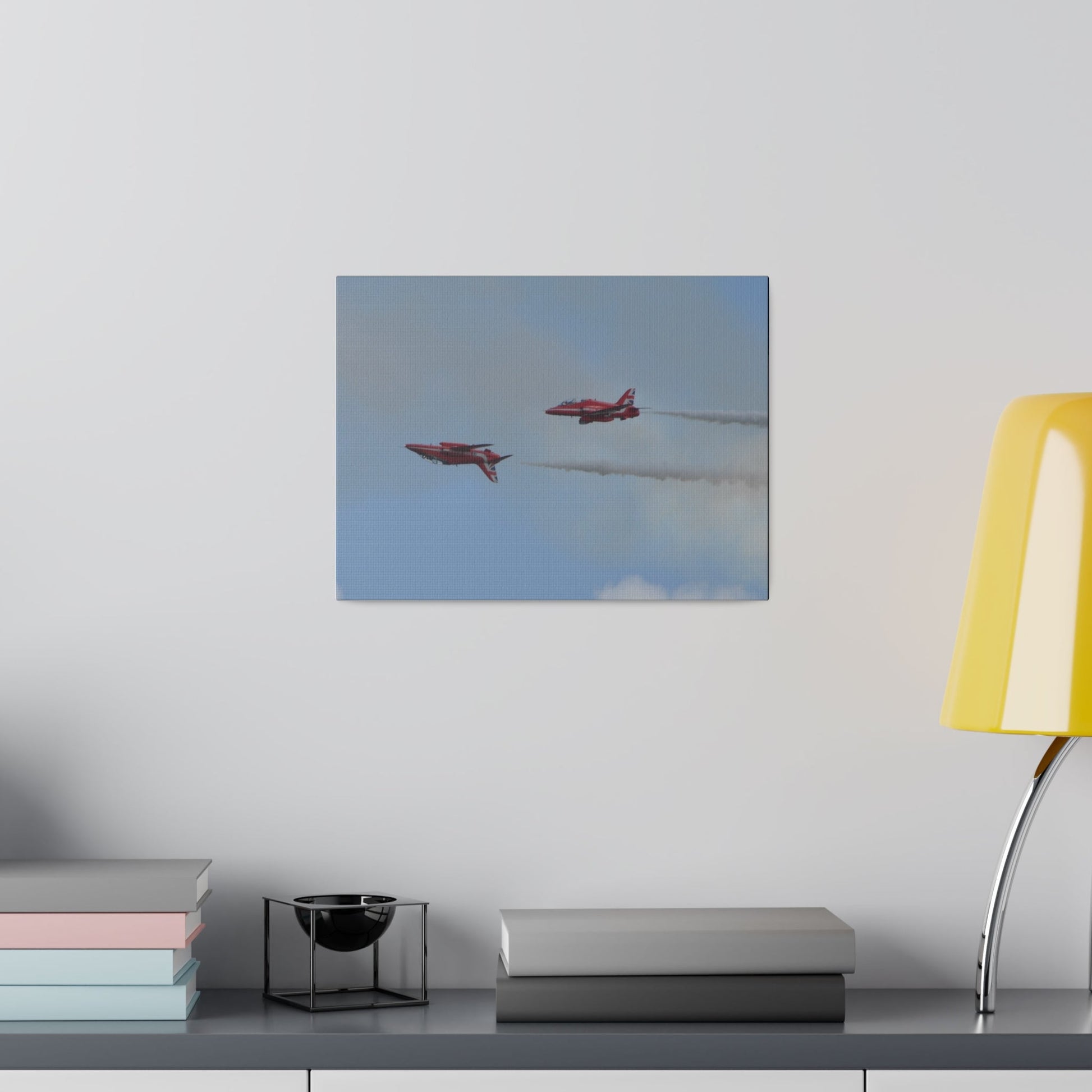 Two Red Arrows Flying From The Right With One Upside Down And With White Smoke, Matte Canvas, Stretched, 0.75" - The Trio Synergize Group