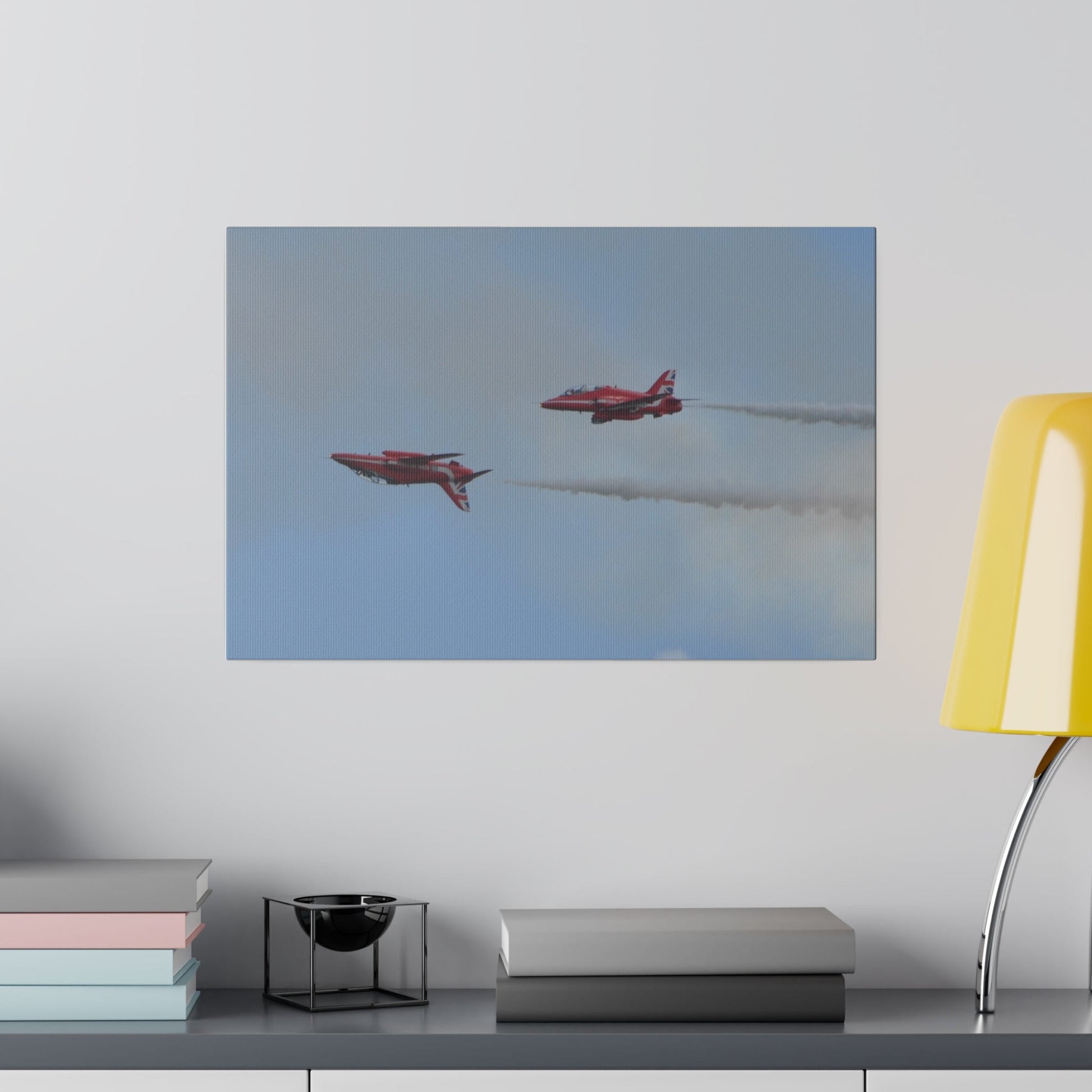 Two Red Arrows Flying From The Right With One Upside Down And With White Smoke, Matte Canvas, Stretched, 0.75" - The Trio Synergize Group