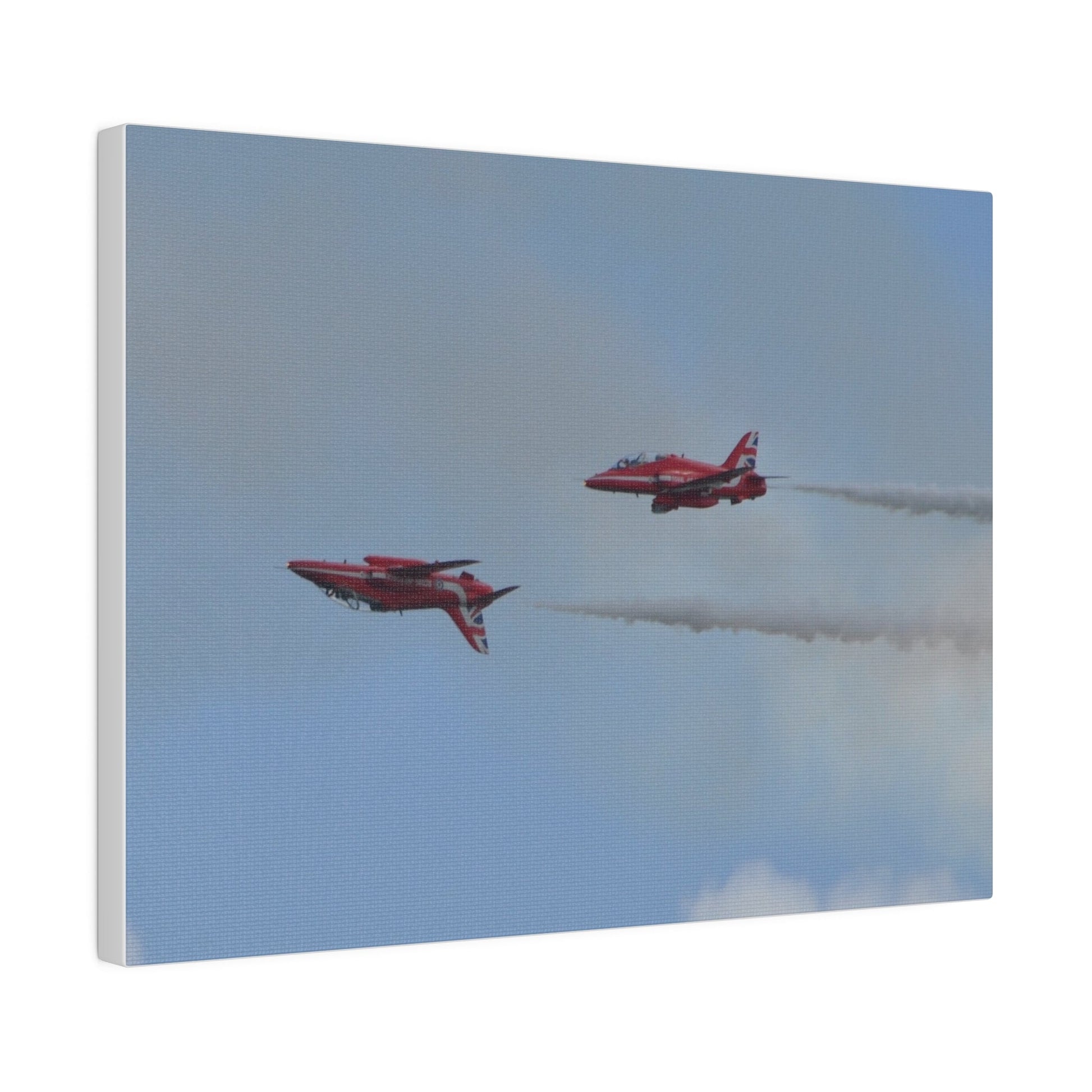 Two Red Arrows Flying From The Right With One Upside Down And With White Smoke, Matte Canvas, Stretched, 0.75" - The Trio Synergize Group