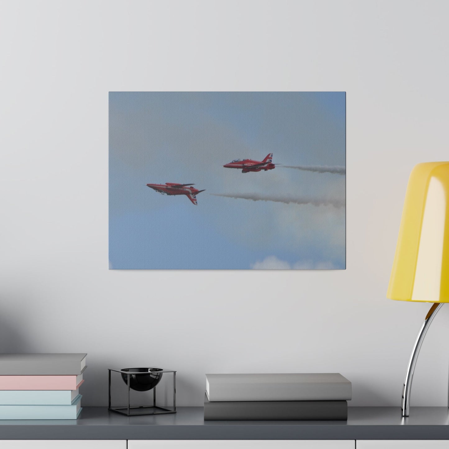 Two Red Arrows Flying From The Right With One Upside Down And With White Smoke, Matte Canvas, Stretched, 0.75" - The Trio Synergize Group