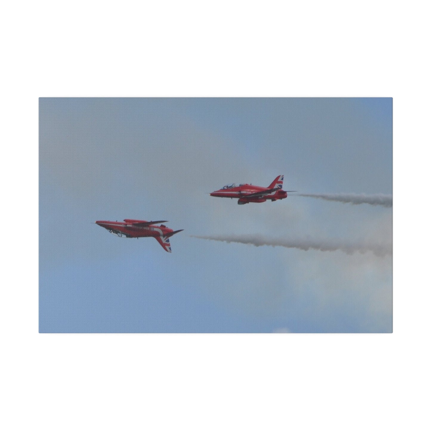 Two Red Arrows Flying From The Right With One Upside Down And With White Smoke, Matte Canvas, Stretched, 0.75" - The Trio Synergize Group