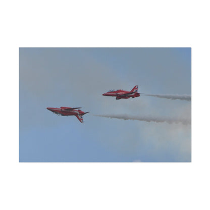 Two Red Arrows Flying From The Right With One Upside Down And With White Smoke, Matte Canvas, Stretched, 0.75" - The Trio Synergize Group