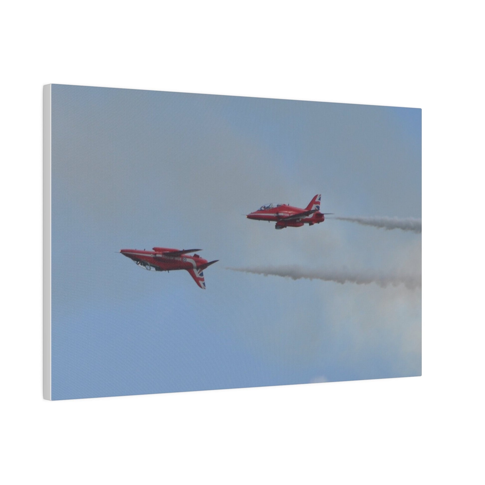 Two Red Arrows Flying From The Right With One Upside Down And With White Smoke, Matte Canvas, Stretched, 0.75" - The Trio Synergize Group