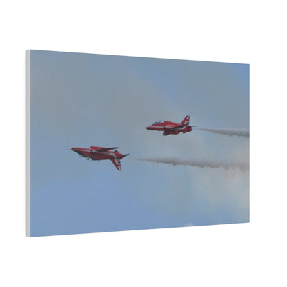 Two Red Arrows Flying From The Right With One Upside Down And With White Smoke, Matte Canvas, Stretched, 0.75" - The Trio Synergize Group