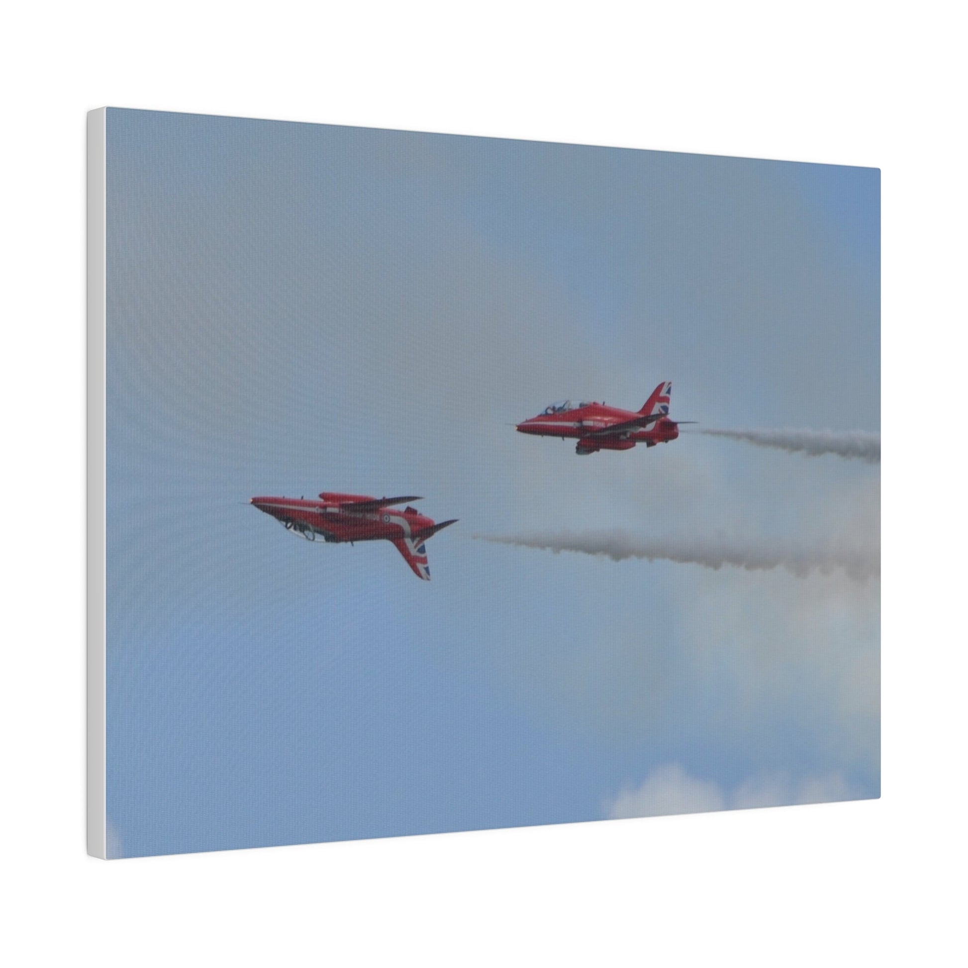 Two Red Arrows Flying From The Right With One Upside Down And With White Smoke, Matte Canvas, Stretched, 0.75" - The Trio Synergize Group