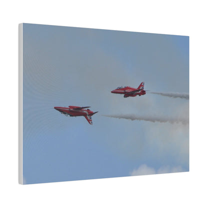 Two Red Arrows Flying From The Right With One Upside Down And With White Smoke, Matte Canvas, Stretched, 0.75" - The Trio Synergize Group