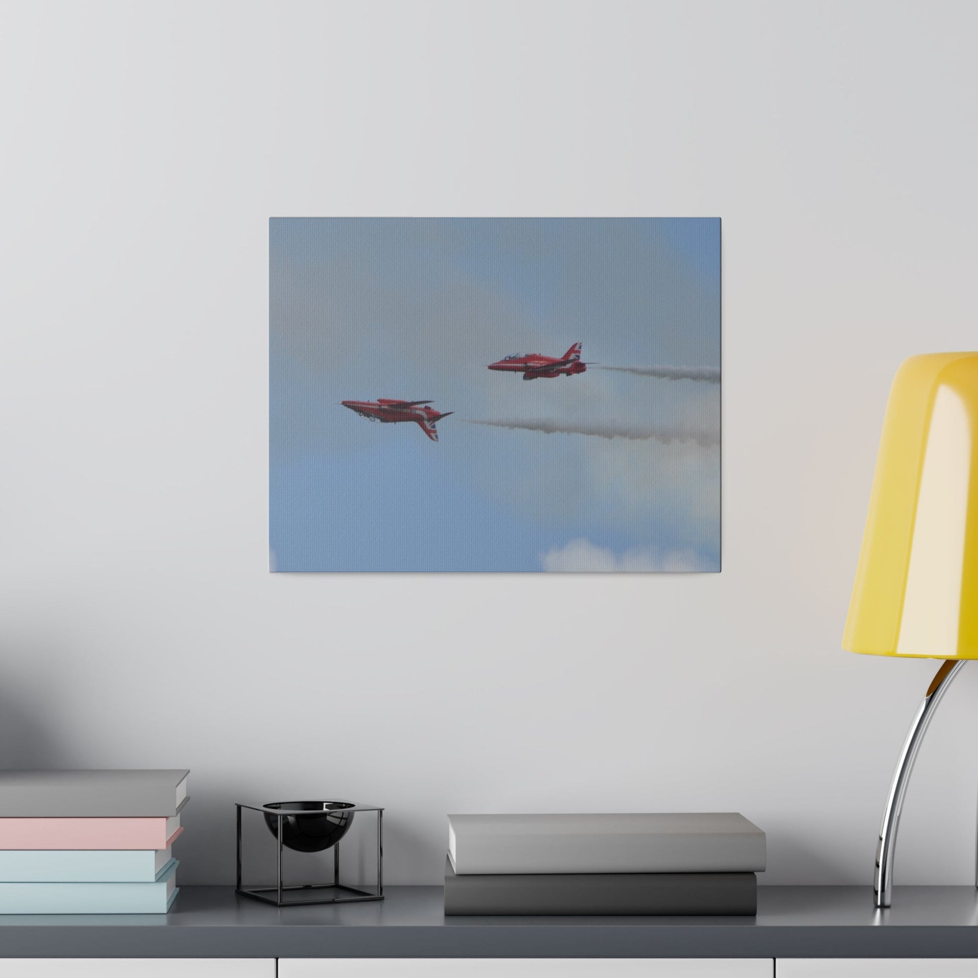 Two Red Arrows Flying From The Right With One Upside Down And With White Smoke, Matte Canvas, Stretched, 0.75" - The Trio Synergize Group