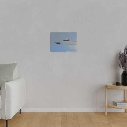 Two Red Arrows Flying From The Right With One Upside Down And With White Smoke, Matte Canvas, Stretched, 0.75" - The Trio Synergize Group