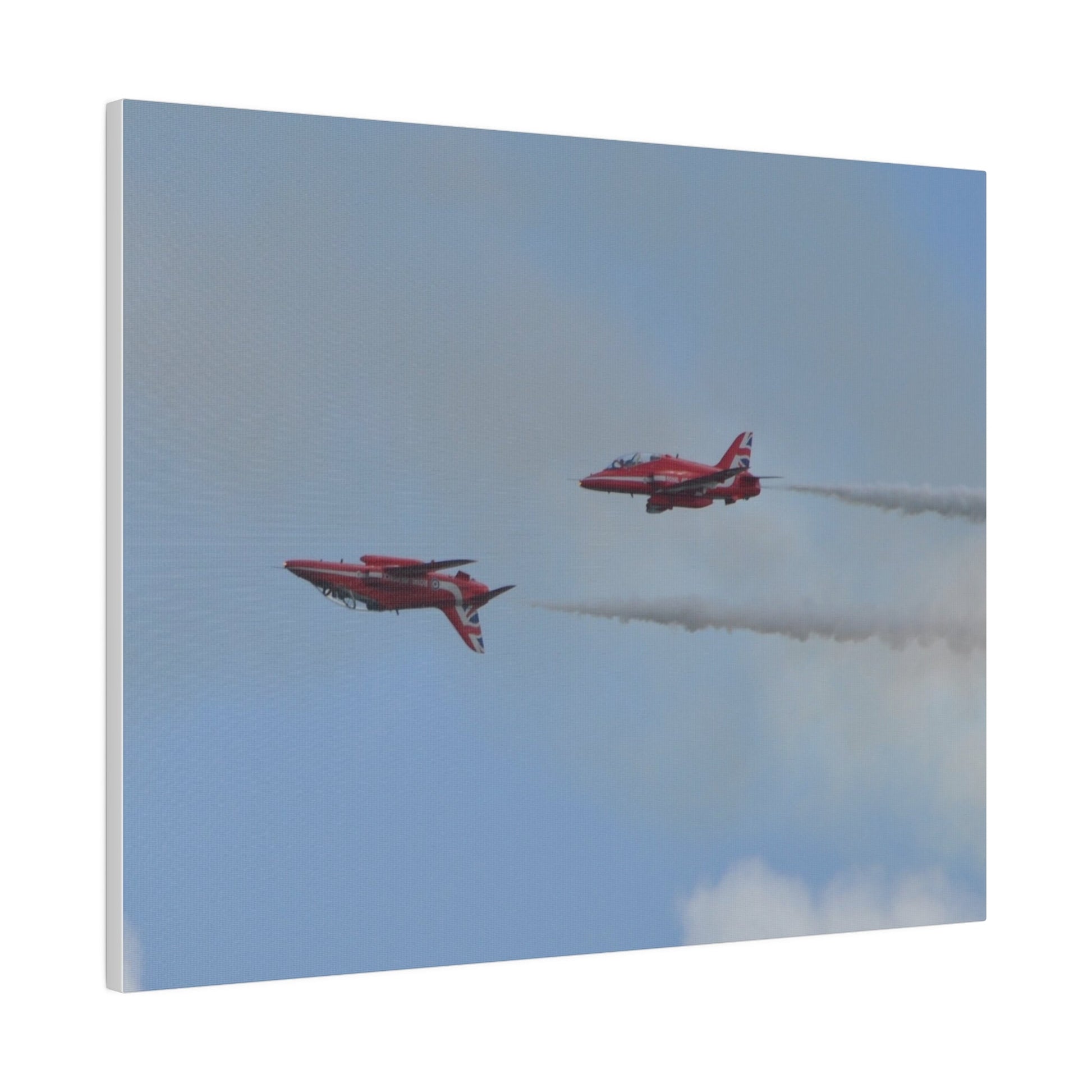 Two Red Arrows Flying From The Right With One Upside Down And With White Smoke, Matte Canvas, Stretched, 0.75" - The Trio Synergize Group