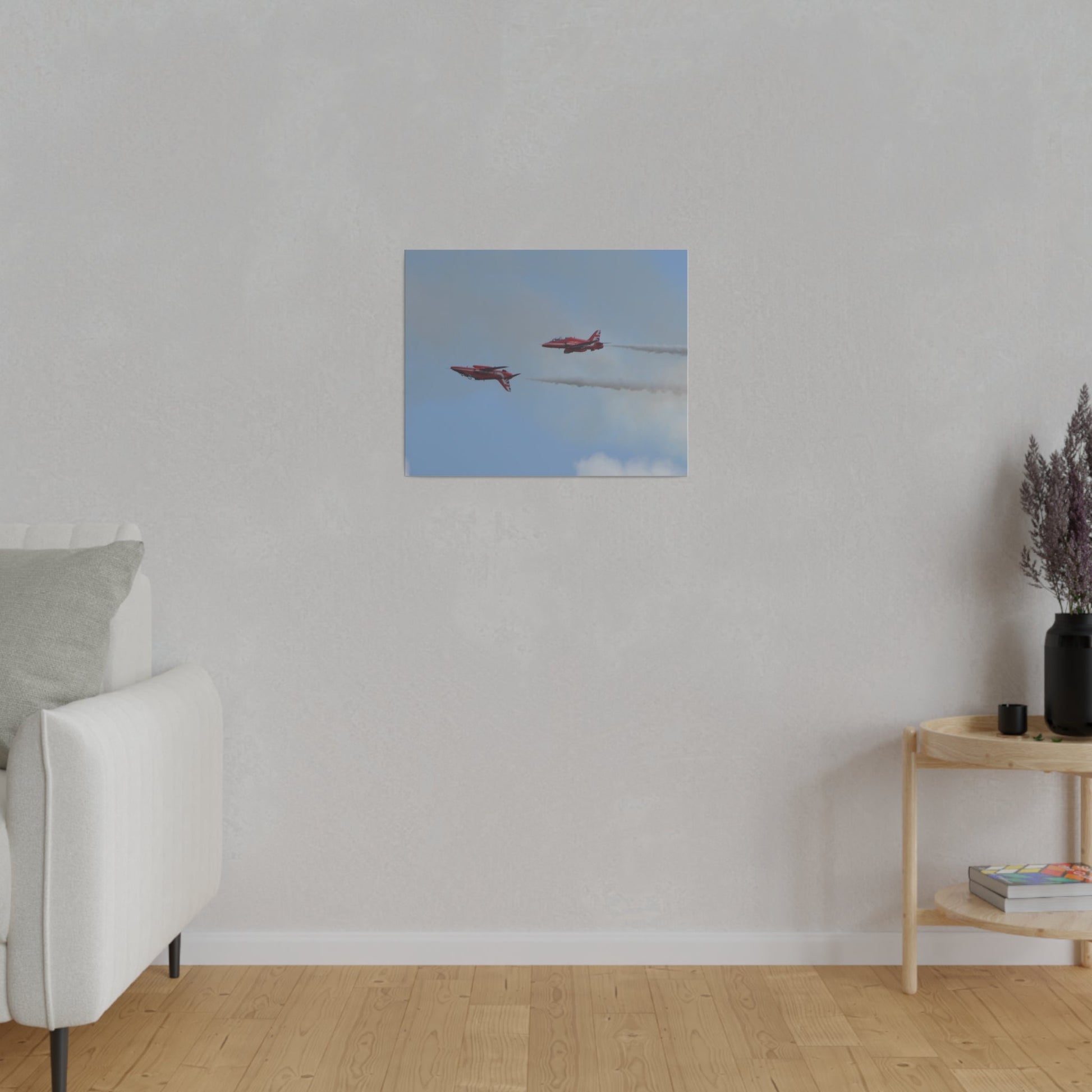 Two Red Arrows Flying From The Right With One Upside Down And With White Smoke, Matte Canvas, Stretched, 0.75" - The Trio Synergize Group