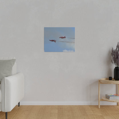 Two Red Arrows Flying From The Right With One Upside Down And With White Smoke, Matte Canvas, Stretched, 0.75" - The Trio Synergize Group