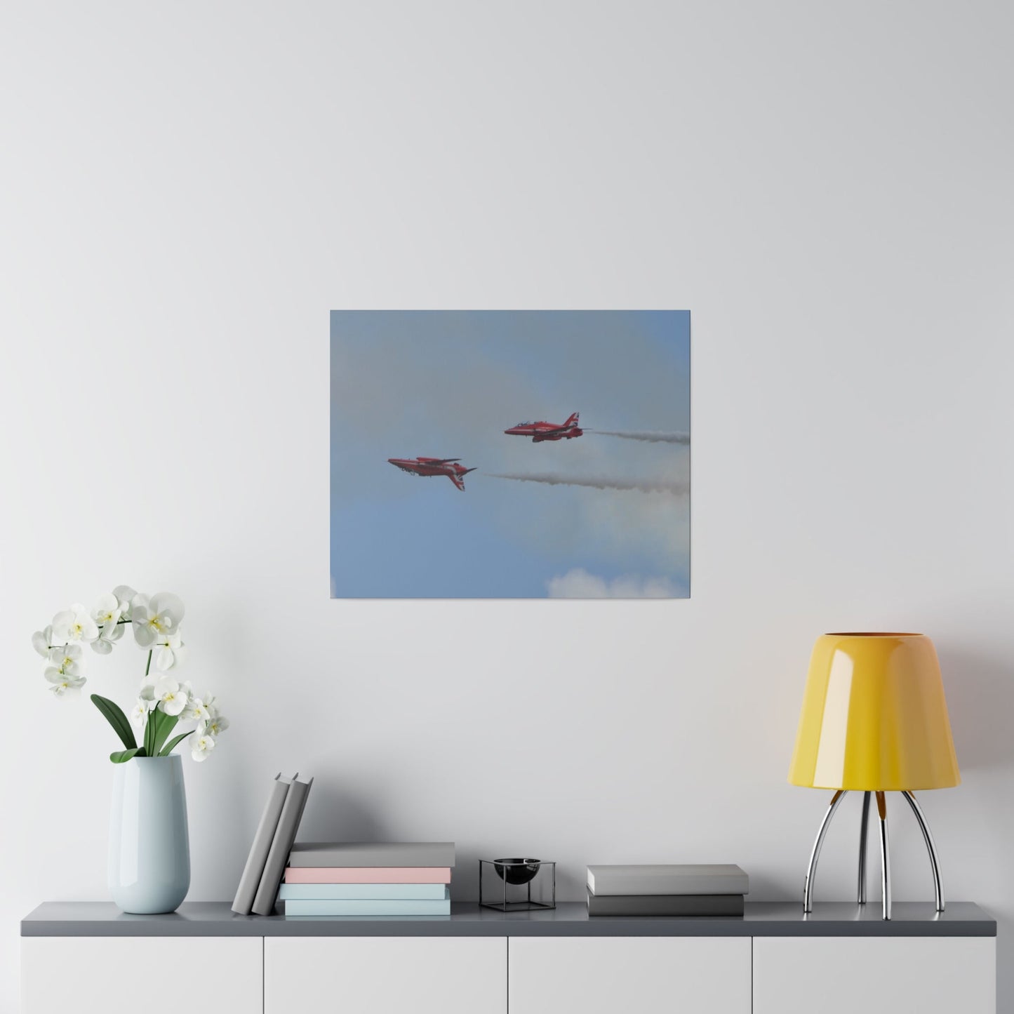 Two Red Arrows Flying From The Right With One Upside Down And With White Smoke, Matte Canvas, Stretched, 0.75" - The Trio Synergize Group