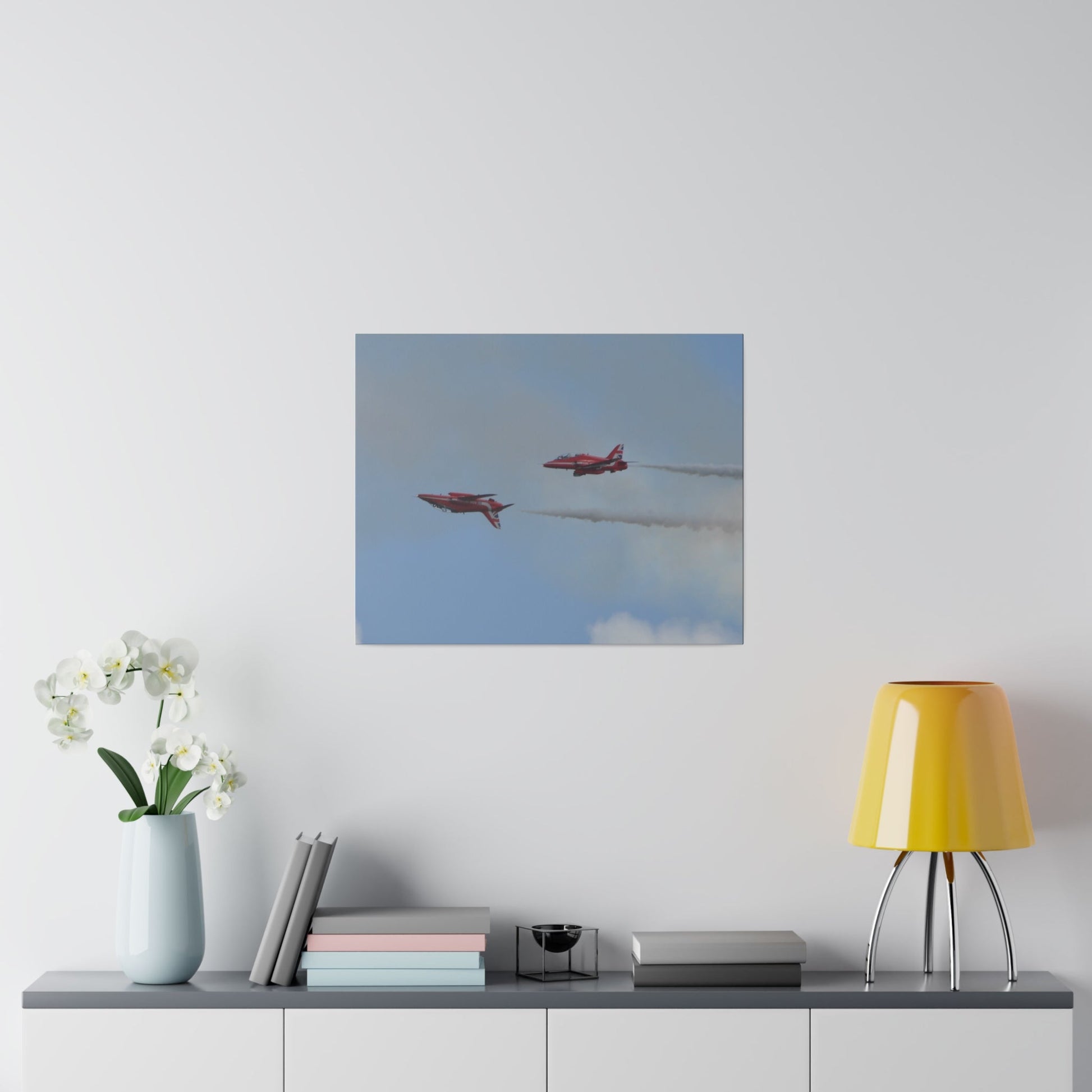 Two Red Arrows Flying From The Right With One Upside Down And With White Smoke, Matte Canvas, Stretched, 0.75" - The Trio Synergize Group