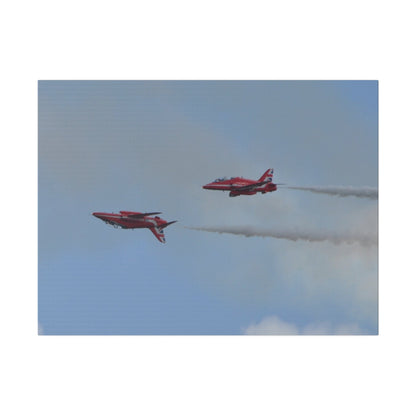 Two Red Arrows Flying From The Right With One Upside Down And With White Smoke, Matte Canvas, Stretched, 0.75" - The Trio Synergize Group