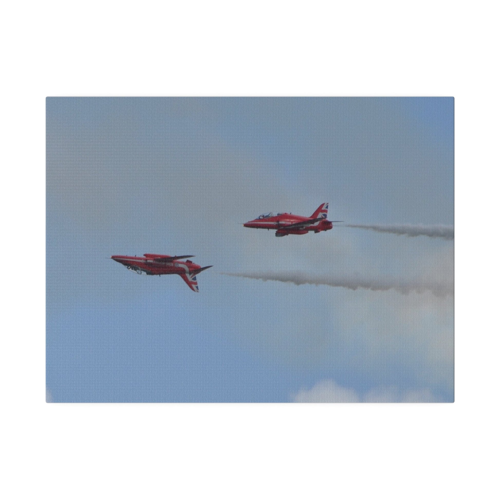 Two Red Arrows Flying From The Right With One Upside Down And With White Smoke, Matte Canvas, Stretched, 0.75" - The Trio Synergize Group