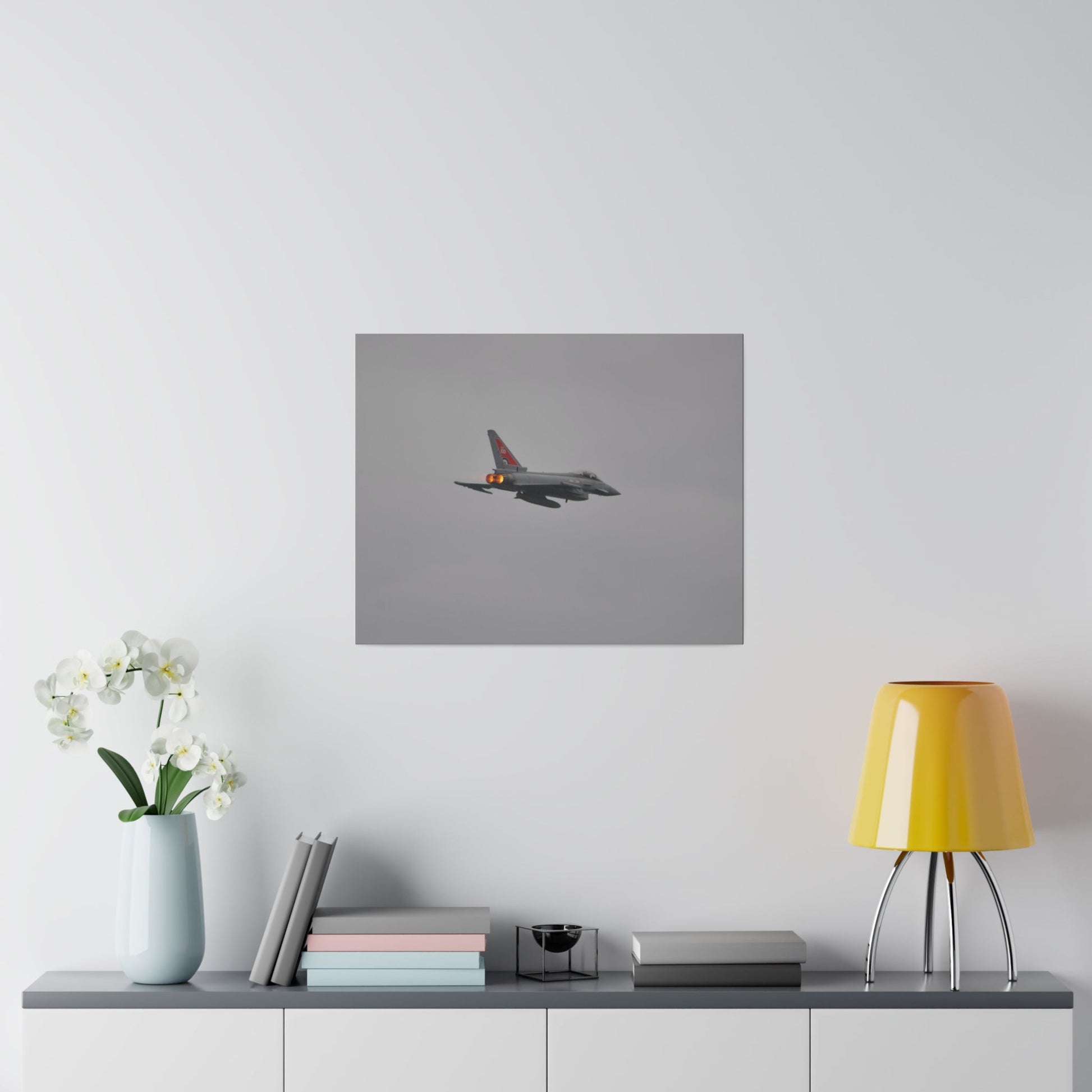 Typhoon Flying From The Left With Afterburners On Close Up Rear Side View, Matte Canvas, Stretched, 0.75" - The Trio Synergize Group