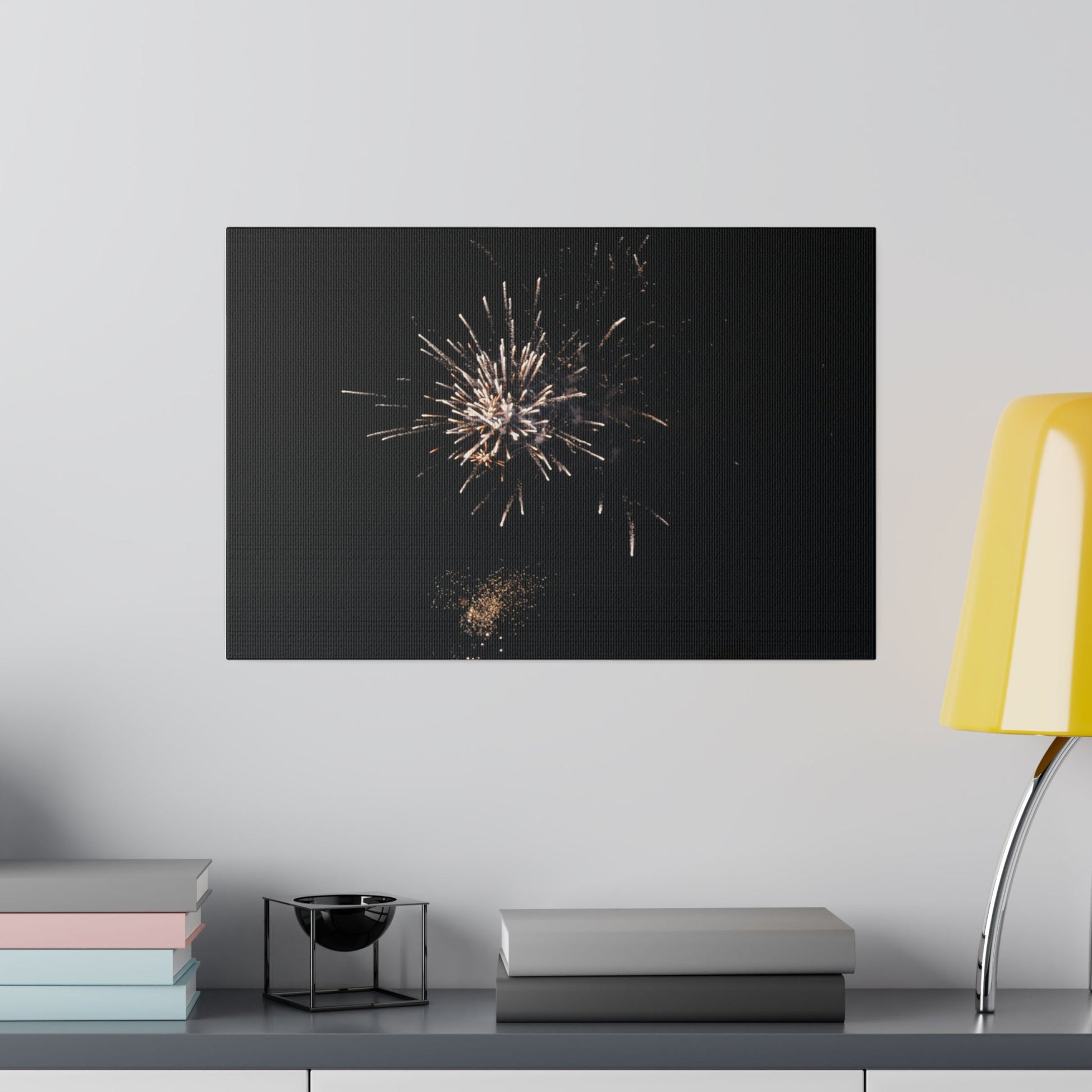 White Firework With Orange Glitter, Matte Canvas, Stretched, 0.75" - The Trio Synergize Group