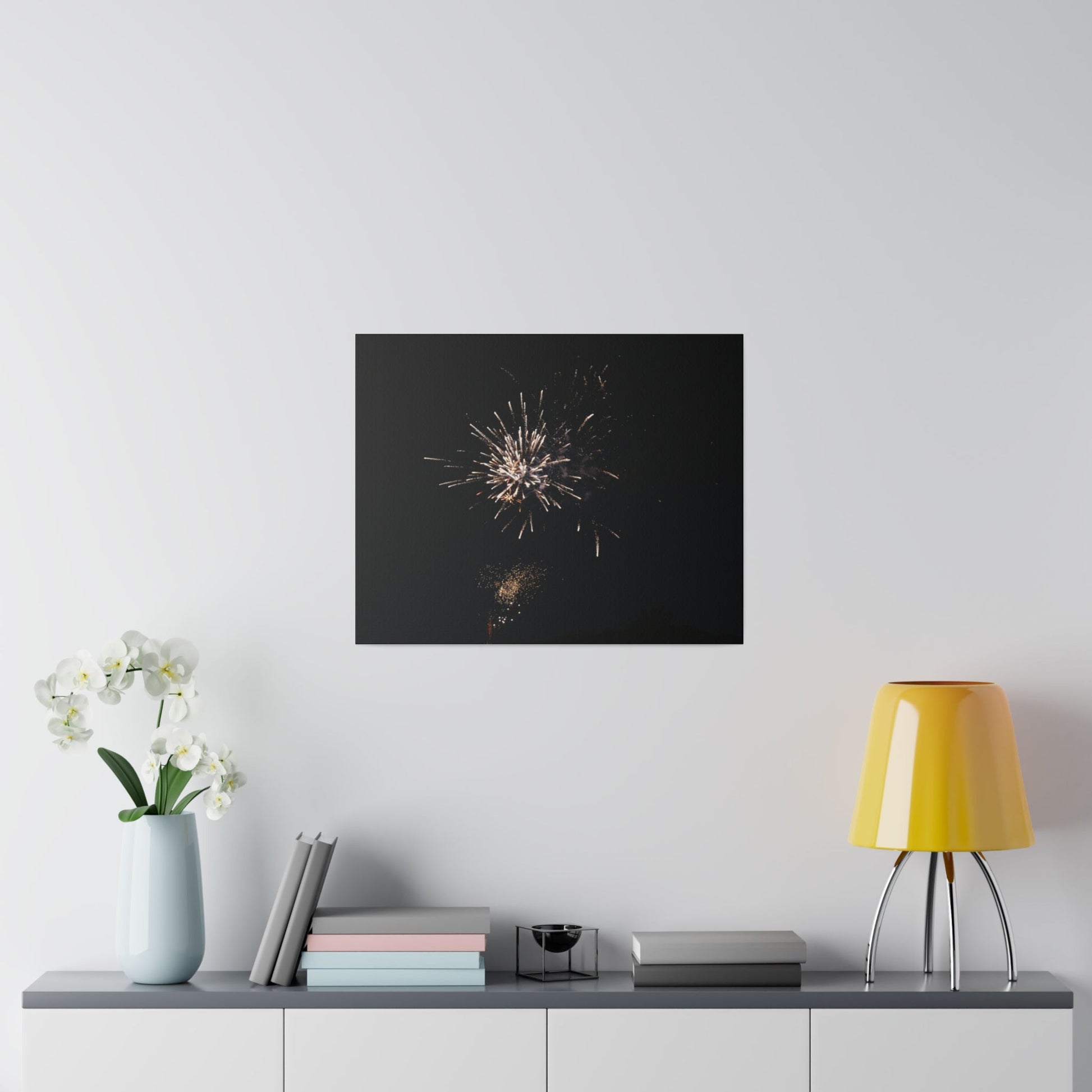 White Firework With Orange Glitter, Matte Canvas, Stretched, 0.75" - The Trio Synergize Group