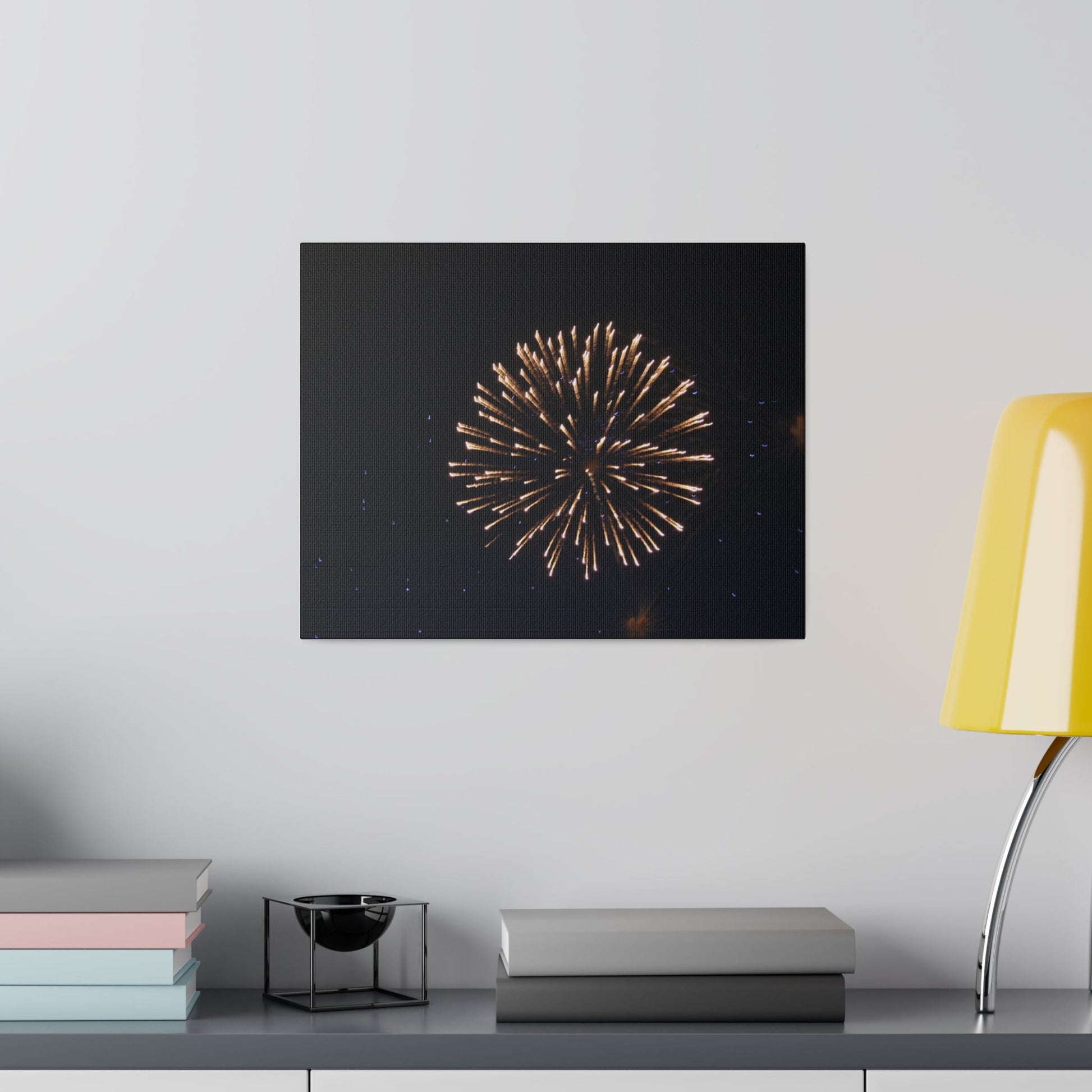 White Firework With Orange Trails And Purple Dots, Matte Canvas, Stretched, 0.75" - The Trio Synergize Group