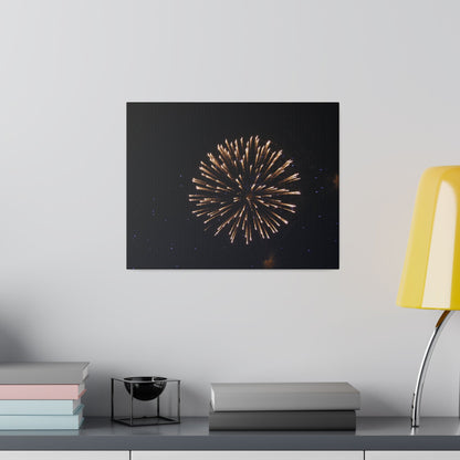 White Firework With Orange Trails And Purple Dots, Matte Canvas, Stretched, 0.75" - The Trio Synergize Group