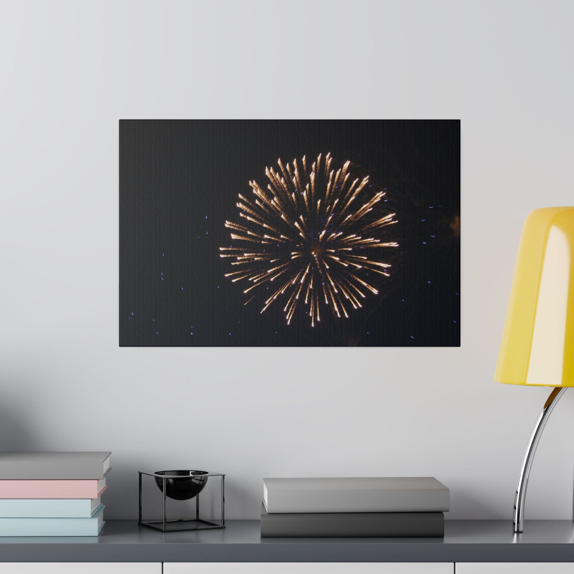 White Firework With Orange Trails And Purple Dots, Matte Canvas, Stretched, 0.75" - The Trio Synergize Group